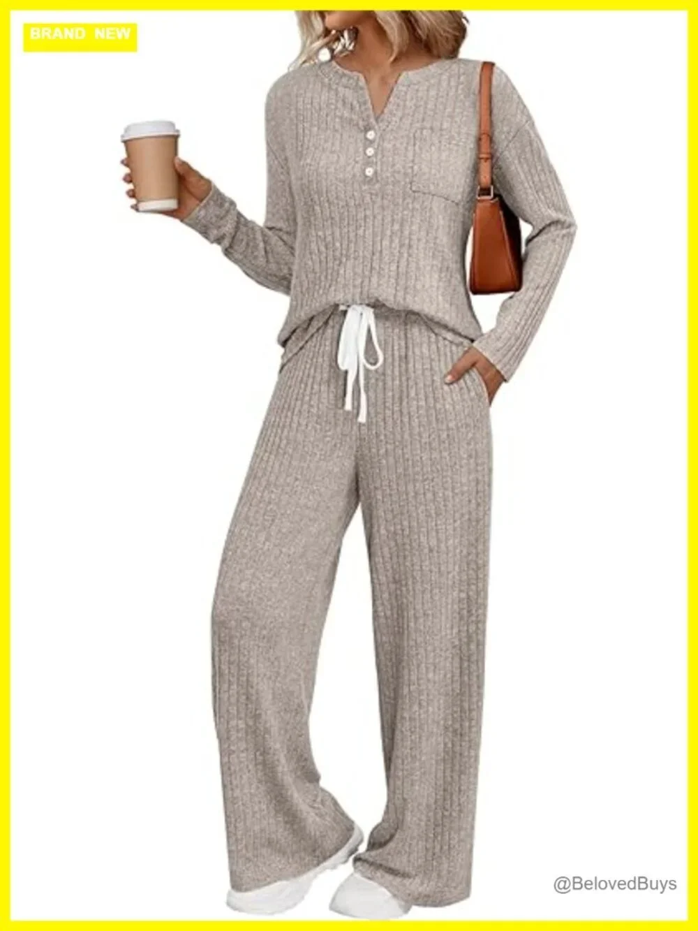 2 Piece Lounge Set - Henley Top & Wide Leg Pants with Pockets, Soft Knit